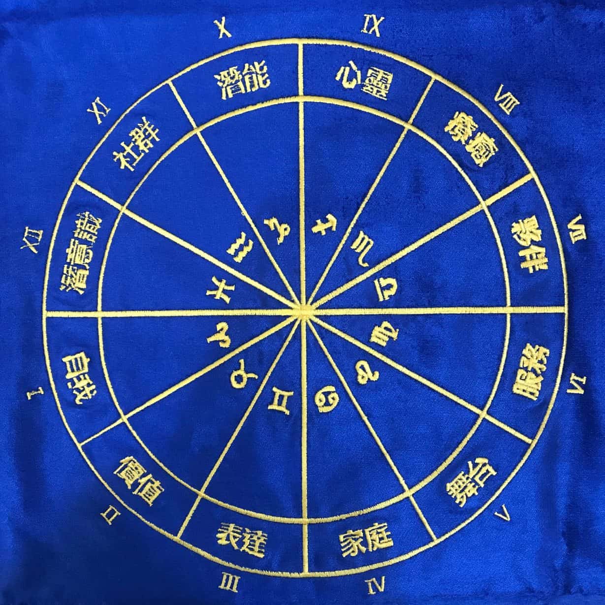 12星座解盤方巾/靈魂藍圖/神聖契約桌巾 - 寶藍金線金字